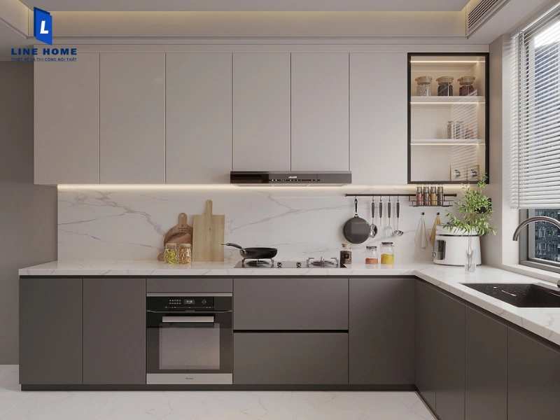 Tủ bếp chữ L hiện đại tối ưu góc chết