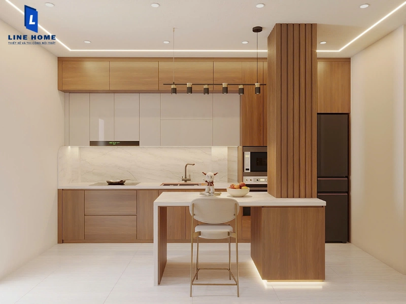 Tủ bếp gỗ óc chó với đường nét tinh xảo