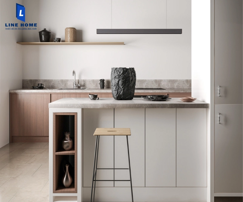 Bếp tối giản với gam màu trung tính trắng - xám