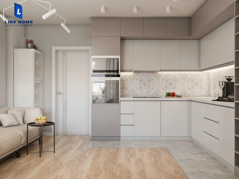 Hệ tủ bếp âm tường phẳng mịn, không tay nắm cực kỳ gọn gàng