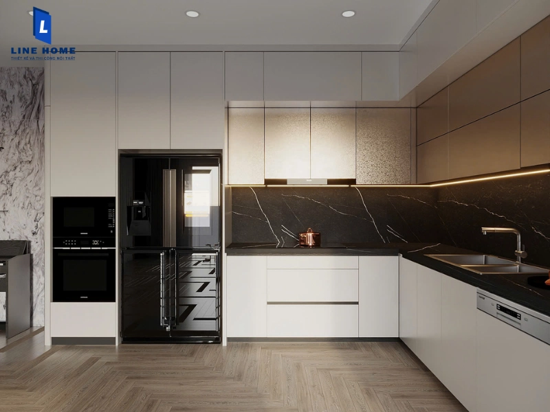 Bếp cho người mệnh Kim tông màu trắng, xám, ghi kết hợp vàng đồng