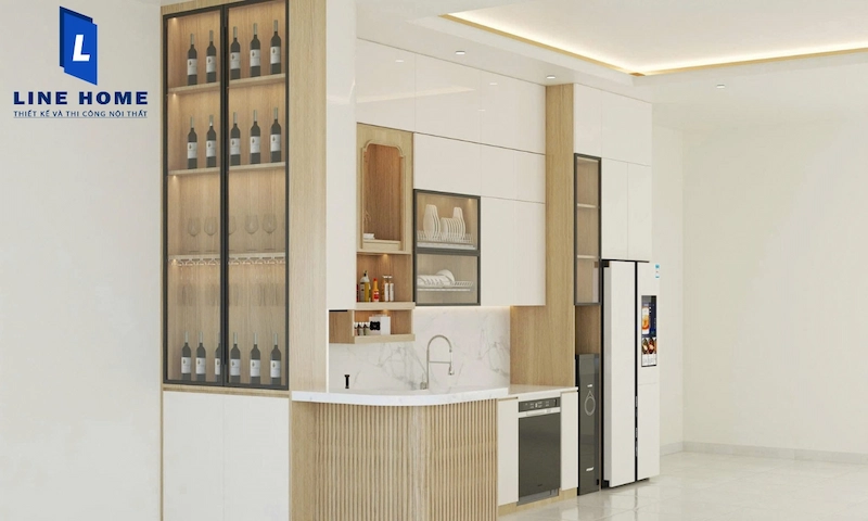Mẫu bếp chữ I tối ưu cho căn hộ nhỏ, kết hợp màu gỗ tự nhiên