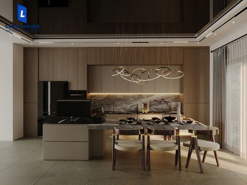 Bếp tích hợp chậu rửa phụ trên bàn đảo giúp việc sơ chế dễ dàng hơn