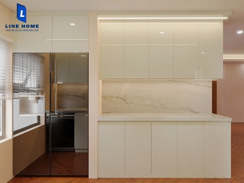 Cánh tủ Acrylic không đường line tại Linehome đảm bảo tính thẩm mỹ cao và ngăn nước xâm nhập vào cốt gỗ